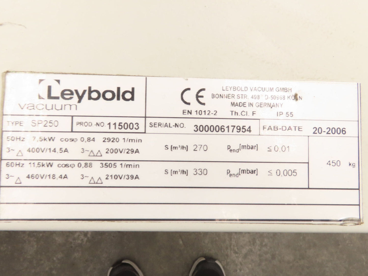 Leybold SP250 ScrewLine Dry Vacuum Pump 330m3/h 11.5kw 210/460V 3Ph Screw Type