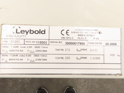 Leybold SP250 ScrewLine Dry Vacuum Pump 330m3/h 11.5kw 210/460V 3Ph Screw Type
