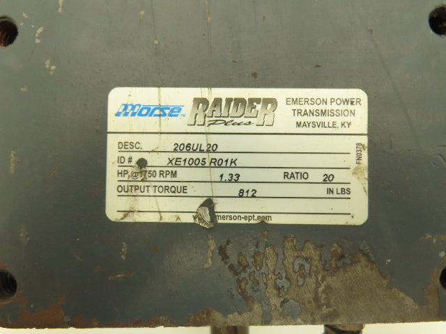 Morse Raider 206UL20 Worm Gearbox 20:1 Reducer 1.3hp 88rpm LH 4" Output Shaft