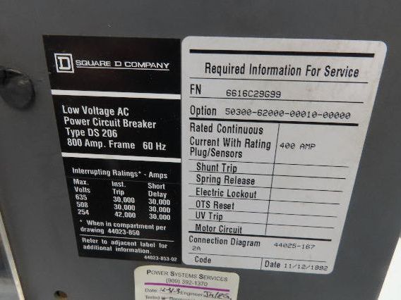 Square D DS 206 Air AC Circuit Breaker 600VAC 400A 3 Pole Amptector I-A