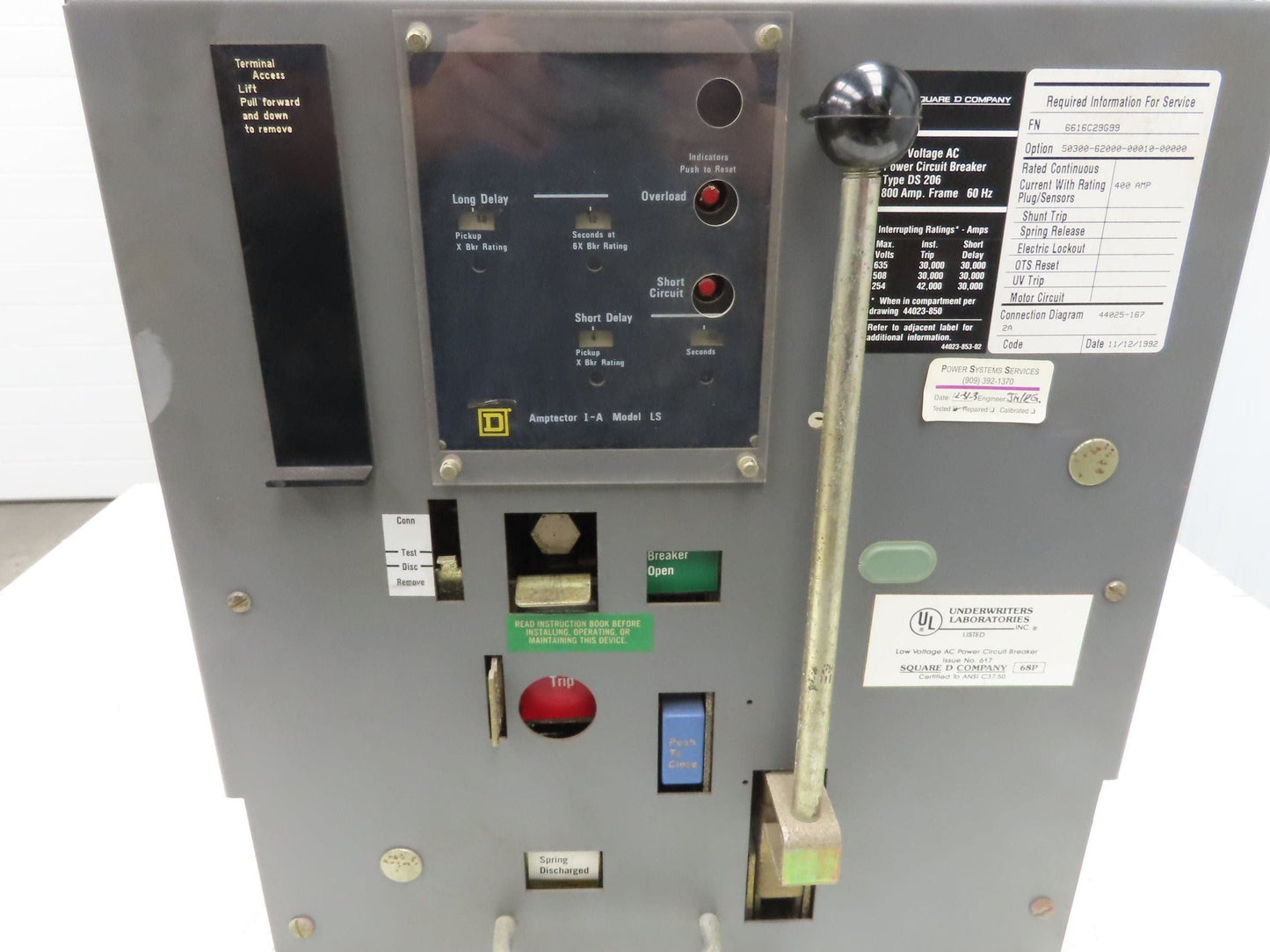 Square D DS 206 Air AC Circuit Breaker 600VAC 400A 3 Pole Amptector I-A