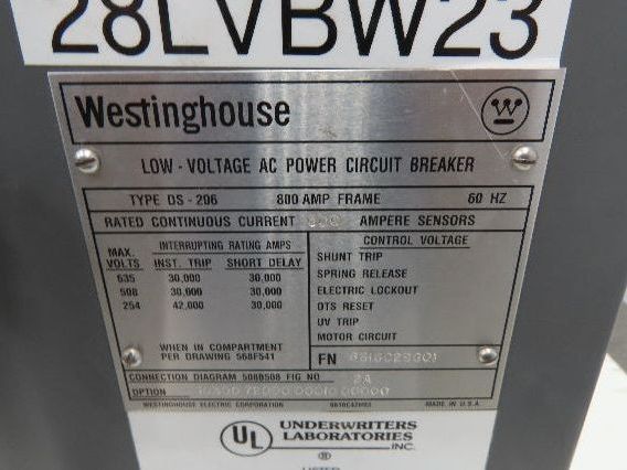 Westinghouse DS 206 Air AC Circuit Breaker 600VAC 600A 3 Pole Amptector I-A
