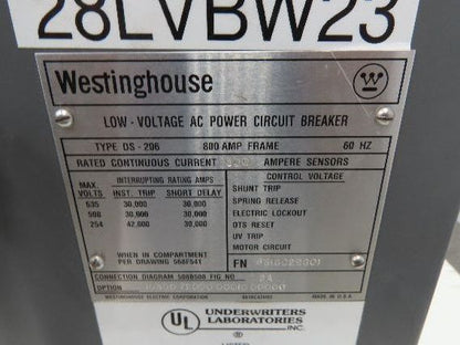 Westinghouse DS 206 Air AC Circuit Breaker 600VAC 600A 3 Pole Amptector I-A