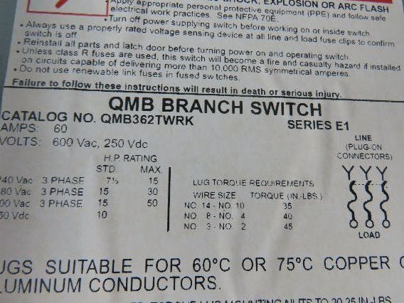 Square D QMB362TWRK Panelboard Twin Branch Switch 60A 600V 3P 3Ph Fusible E01