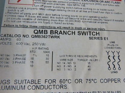 Square D QMB362TWRK Panelboard Twin Branch Switch 60A 600V 3P 3Ph Fusible E01