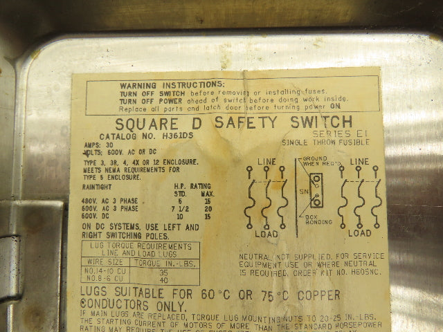Square D H361DS Safety Disconnect Switch 30A 600V 3PH Fused Stainless