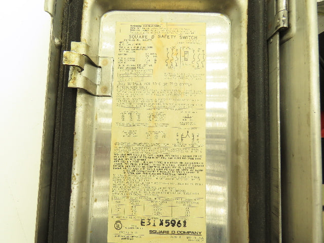 Square D H361DS Safety Disconnect Switch 30A 600V 3PH Fused Stainless