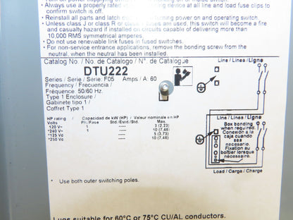 Square D DTU222 Double Throw Disconnect Switch Manual Transfer 60A 240V 1Ph F05