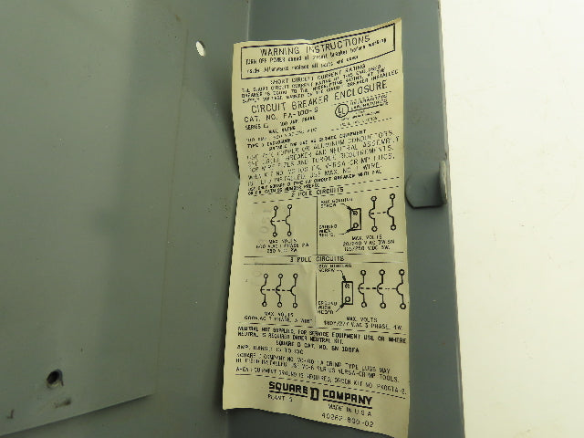 Square D FA-100-S Circuit Breaker Enclosure 600V 100Amp Series E1