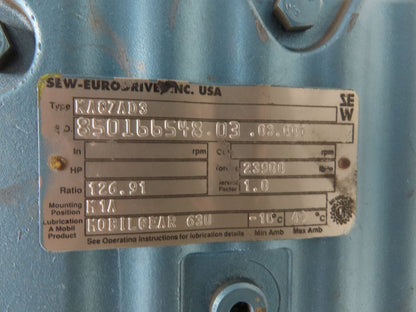 Sew Eurodrive KA87AD3 Helical Gear Drive 126.91 Reducer 14rpm 60mm Hollow Shaft