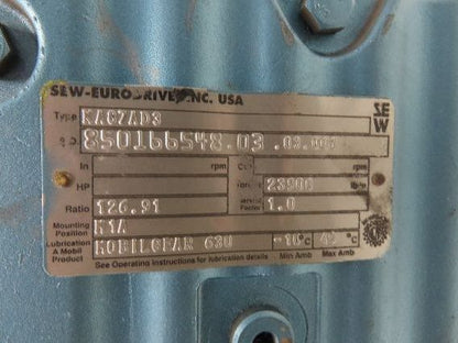Sew Eurodrive KA87AD3 Helical Gear Drive 126.91 Reducer 14rpm 60mm Hollow Shaft