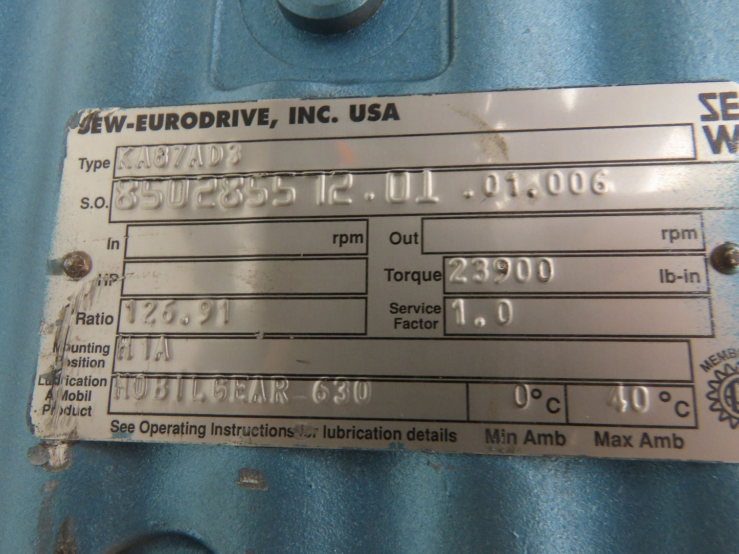 Sew Eurodrive KA87AD3 Helical Gear Drive 126.91 Reducer 14rpm 60mm Hollow Shaft
