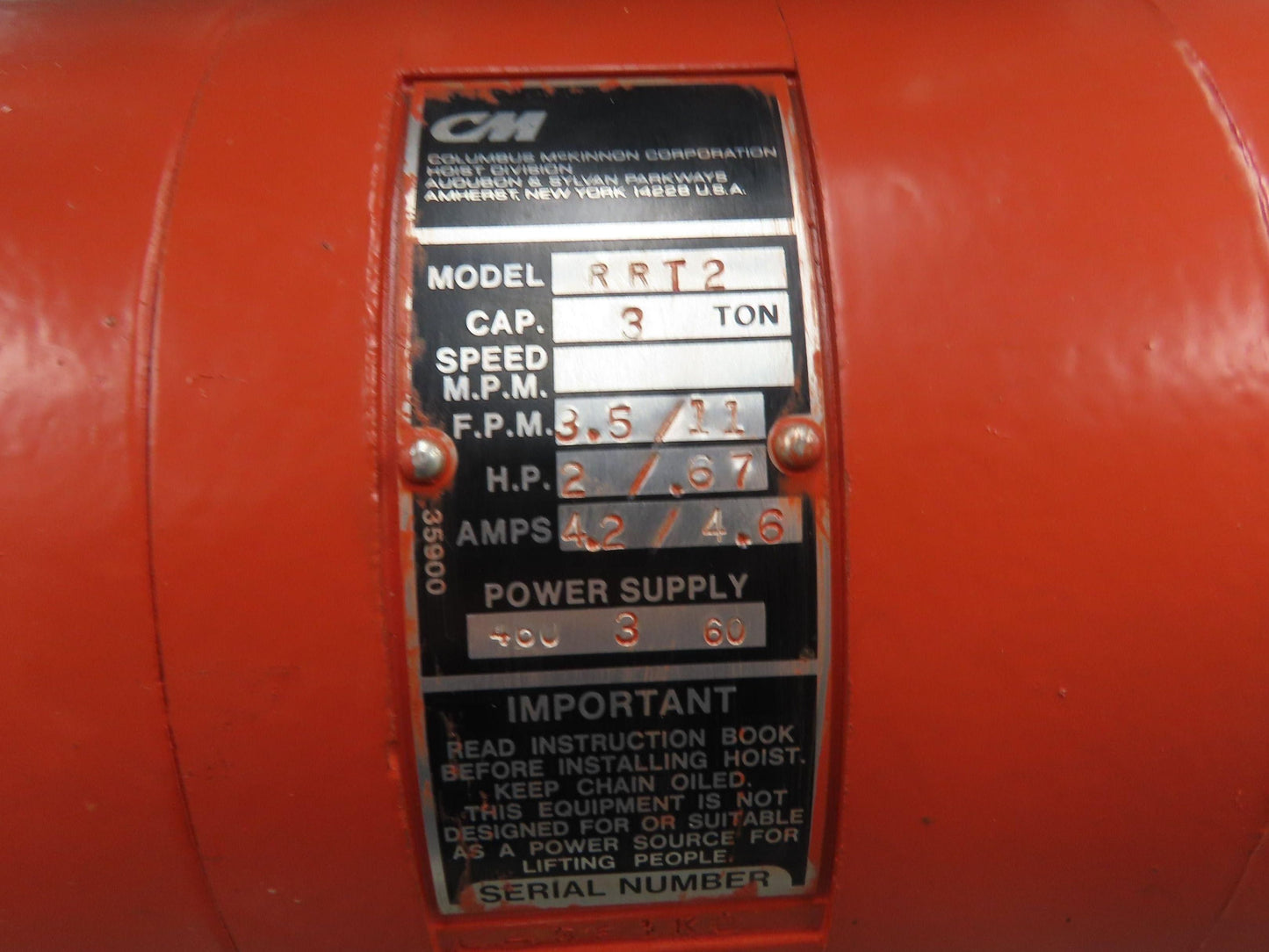 CM Lodestar RRT2 3 Ton Electric Chain Hoist 13' Lift 11/3.5FPM 635 Power Trolley