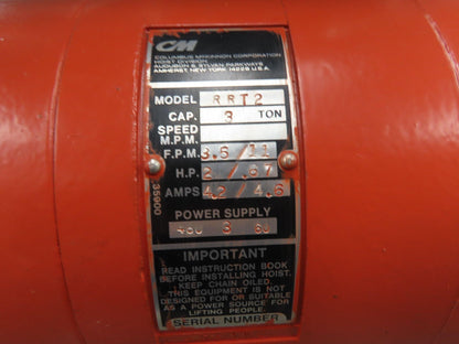 CM Lodestar RRT2 3 Ton Electric Chain Hoist 13' Lift 11/3.5FPM 635 Power Trolley