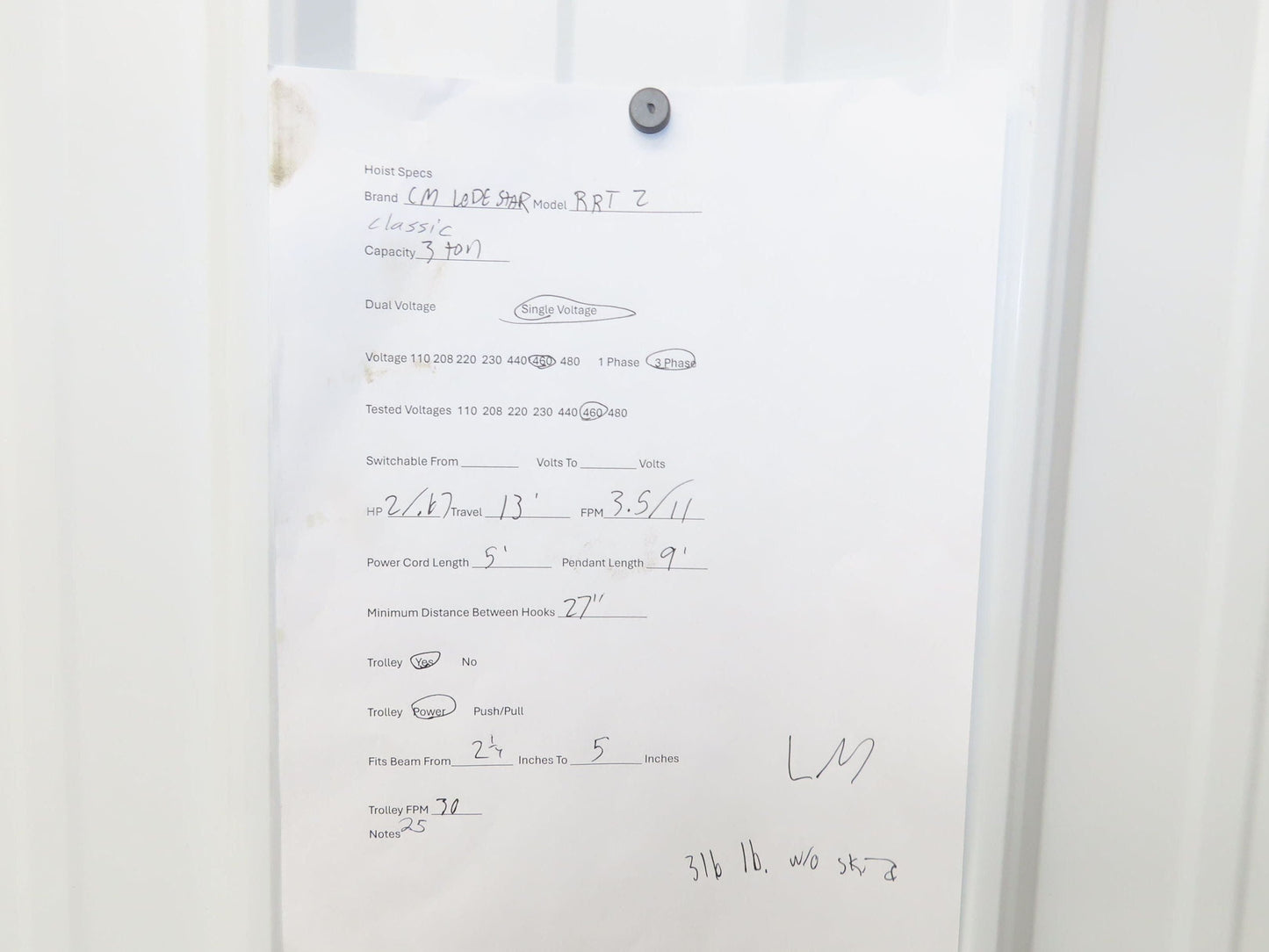 CM Lodestar RRT2 3 Ton Electric Chain Hoist 13' Lift 11/3.5FPM 635 Power Trolley