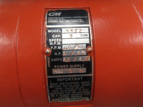 CM Lodestar RRT2 3 Ton Electric Chain Hoist 13' Lift 11/3.5FPM 635 Power Trolley