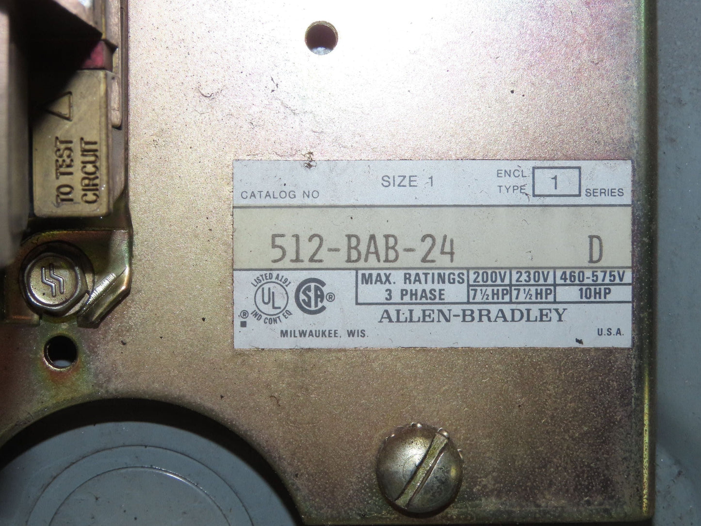 Allen Bradley 512BAB24 509BOB Combination Motor Starter Enclosure 509-B0D 10 Hp
