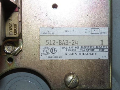Allen Bradley 512BAB24 509BOB Combination Motor Starter Enclosure 509-B0D 10 Hp