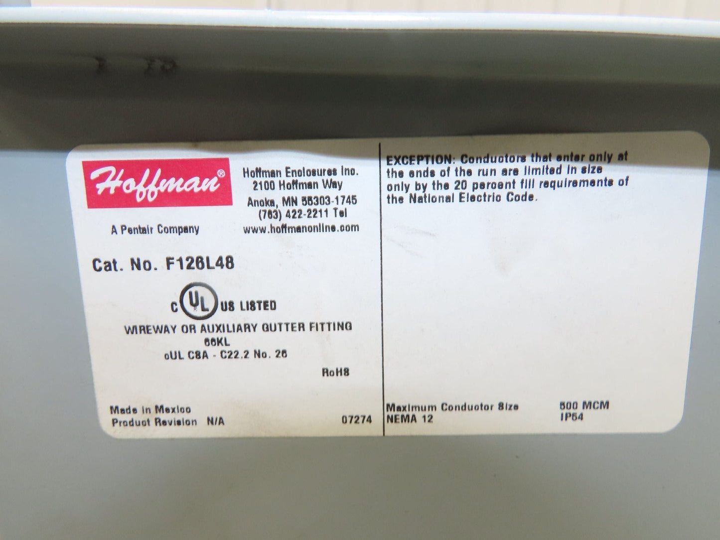 Hoffman F126L48 Lay-In Wireway 12"x6"x48" Nema 12