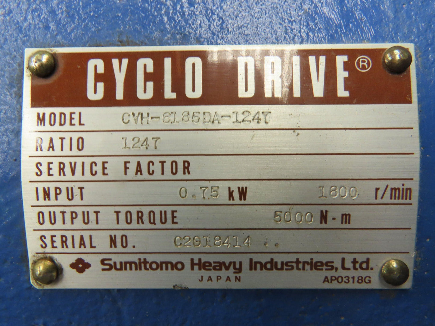 Sumitomo Cyclo Drive CVH-6185DA-1247 Inline Gear Reducer 1247:1 Double Reduction