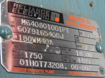 Reliance Master XL 180WM40A Speed Reducer 7.5:1 Gearbox 233rpm 18Hp 180TC RH