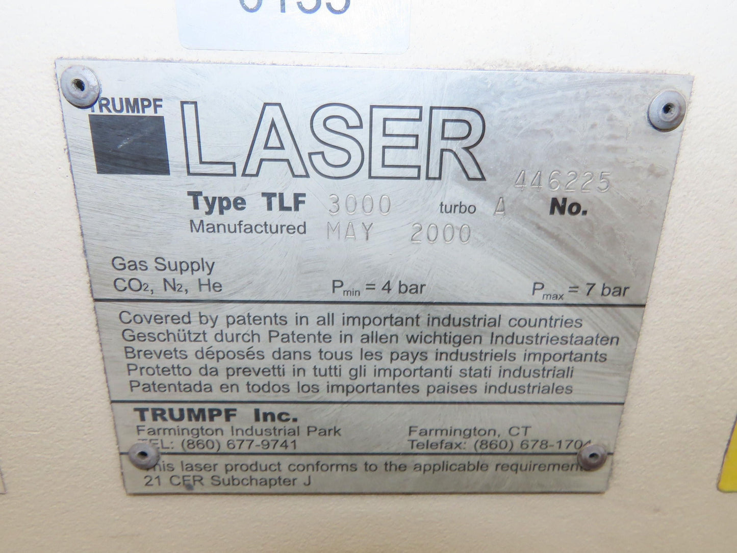 Trumpf TLF 3000 Turbo Industrial CNC Class IV Laser Resonator 1-4kW CO2 He N2