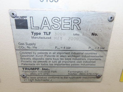 Trumpf TLF 3000 Turbo Industrial CNC Class IV Laser Resonator 1-4kW CO2 He N2