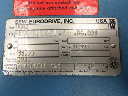 Sew Eurodrive S82A Dual Shaft Worm Gearbox 62.9 Reducer for Gearmotor 28rpm