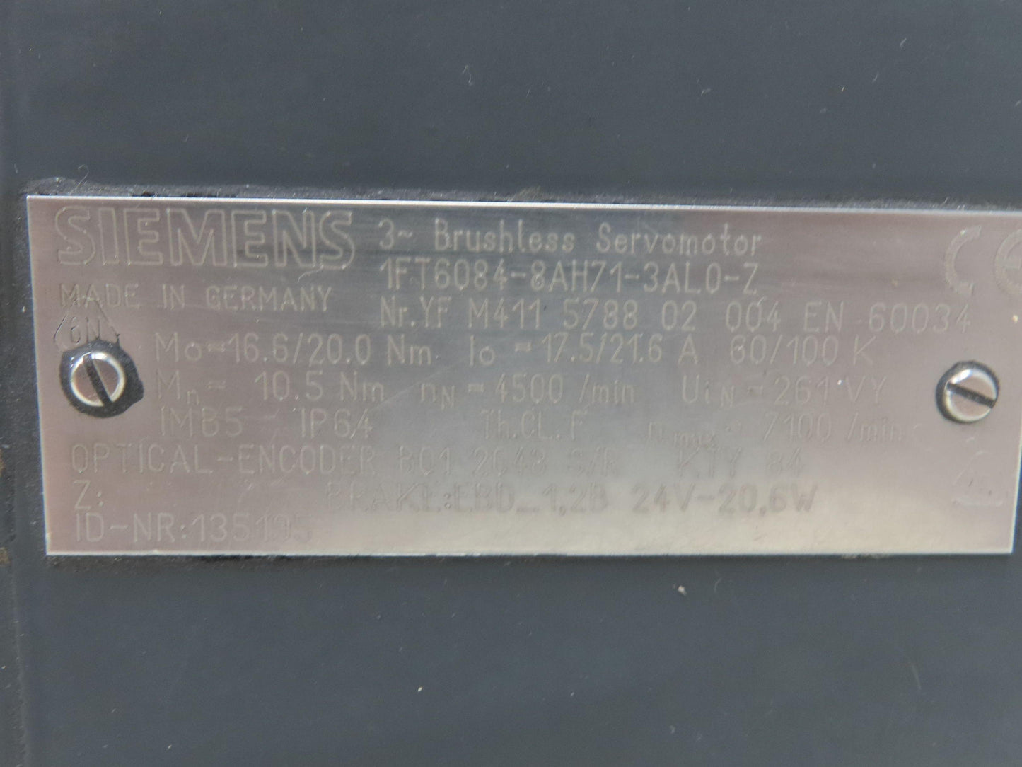 Siemens 1FT6084-8AH71-3AL0-Z Brushless Servo Brake Motor 20Nm