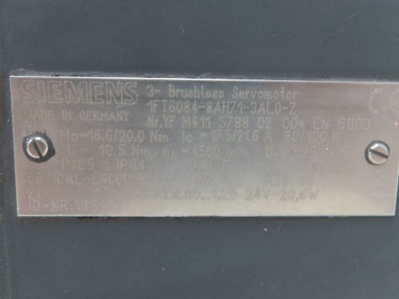 Siemens 1FT6084-8AH71-3AL0-Z Brushless Servo Brake Motor 20Nm