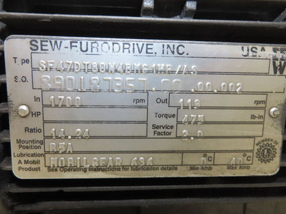 Sew-Eurodrive SF47DT80N4BMG1HR Brake Gearmotor 14.24 Reducer 1Hp 230/460V RH