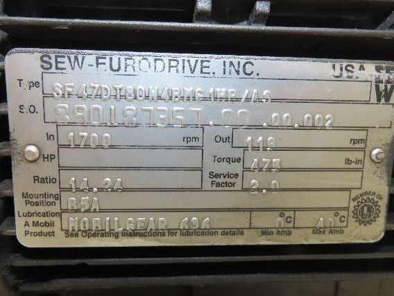 Sew-Eurodrive SF47DT80N4BMG1HR Brake Gearmotor 14.24 Reducer 1Hp 230/460V RH