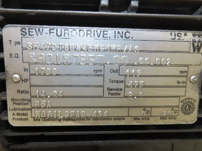 Sew-Eurodrive SF47DT80N4BMG1HR Brake Gearmotor 14.24 Reducer 1Hp 230/460V RH