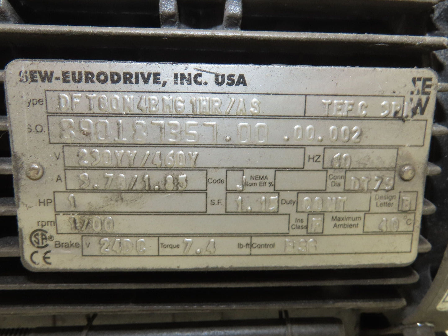 Sew-Eurodrive SF47DT80N4BMG1HR Brake Gearmotor 14.24 Reducer 1Hp 230/460V RH