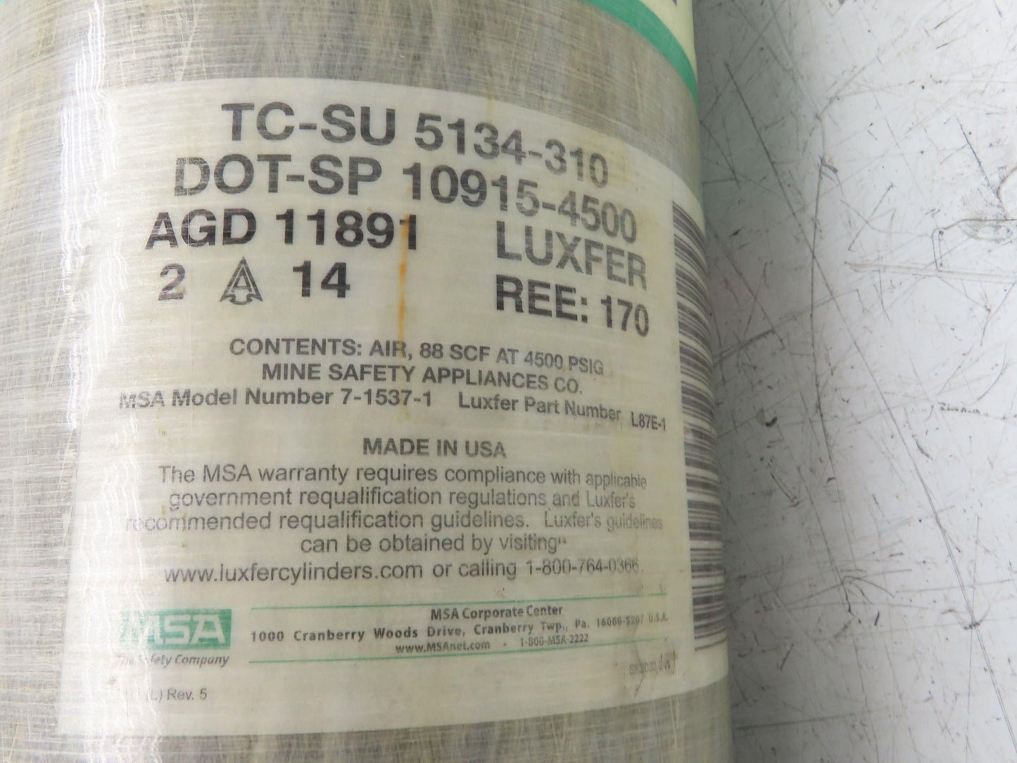 MSA H-60SL SCBA 60 Min Firefighter Respirator Tank Air Cylinder w/Valve 4500psi