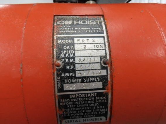 CM Lodestar RRT2 3 Ton Electric Chain Hoist 19' Lift 11/3.3 FPM Trolley 460 Volt