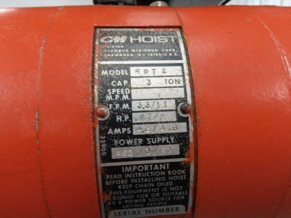 CM Lodestar RRT2 3 Ton Electric Chain Hoist 19' Lift 11/3.3 FPM Trolley 460 Volt