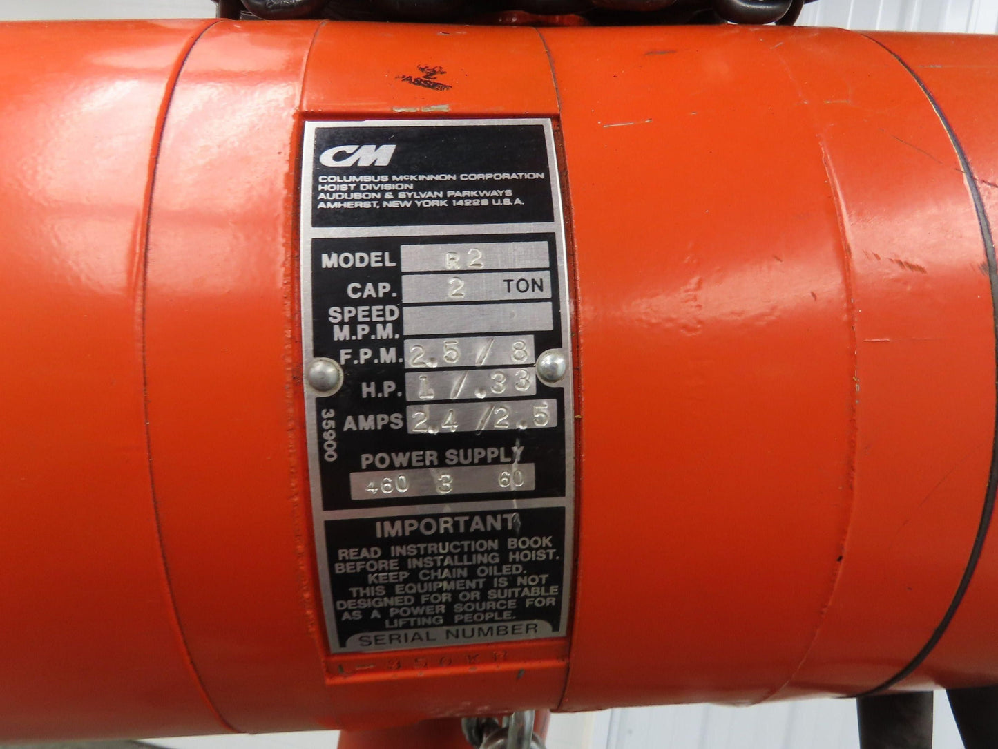 CM Lodestar R2 2 Ton Electric Chain Hoist 16' Lift 8/2.5 FPM Trolley 460 Volt