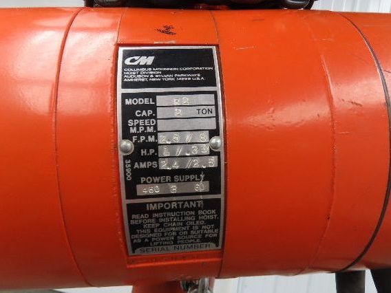 CM Lodestar R2 2 Ton Electric Chain Hoist 16' Lift 8/2.5 FPM Trolley 460 Volt