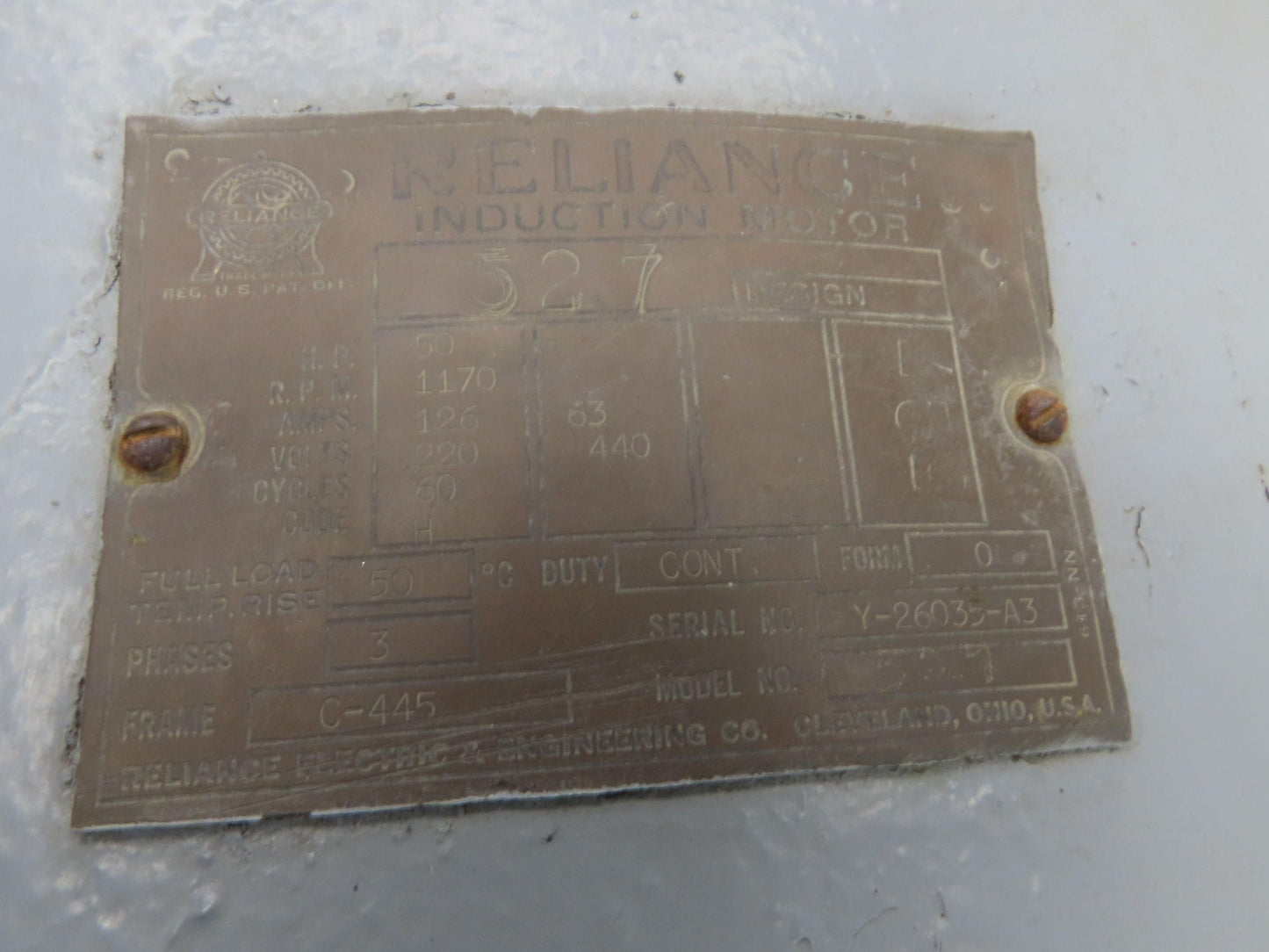 Reliance Electric 527 AC Motor 50Hp 1160RPM 220/440V 3Ph C-445 Frame Rebuilt