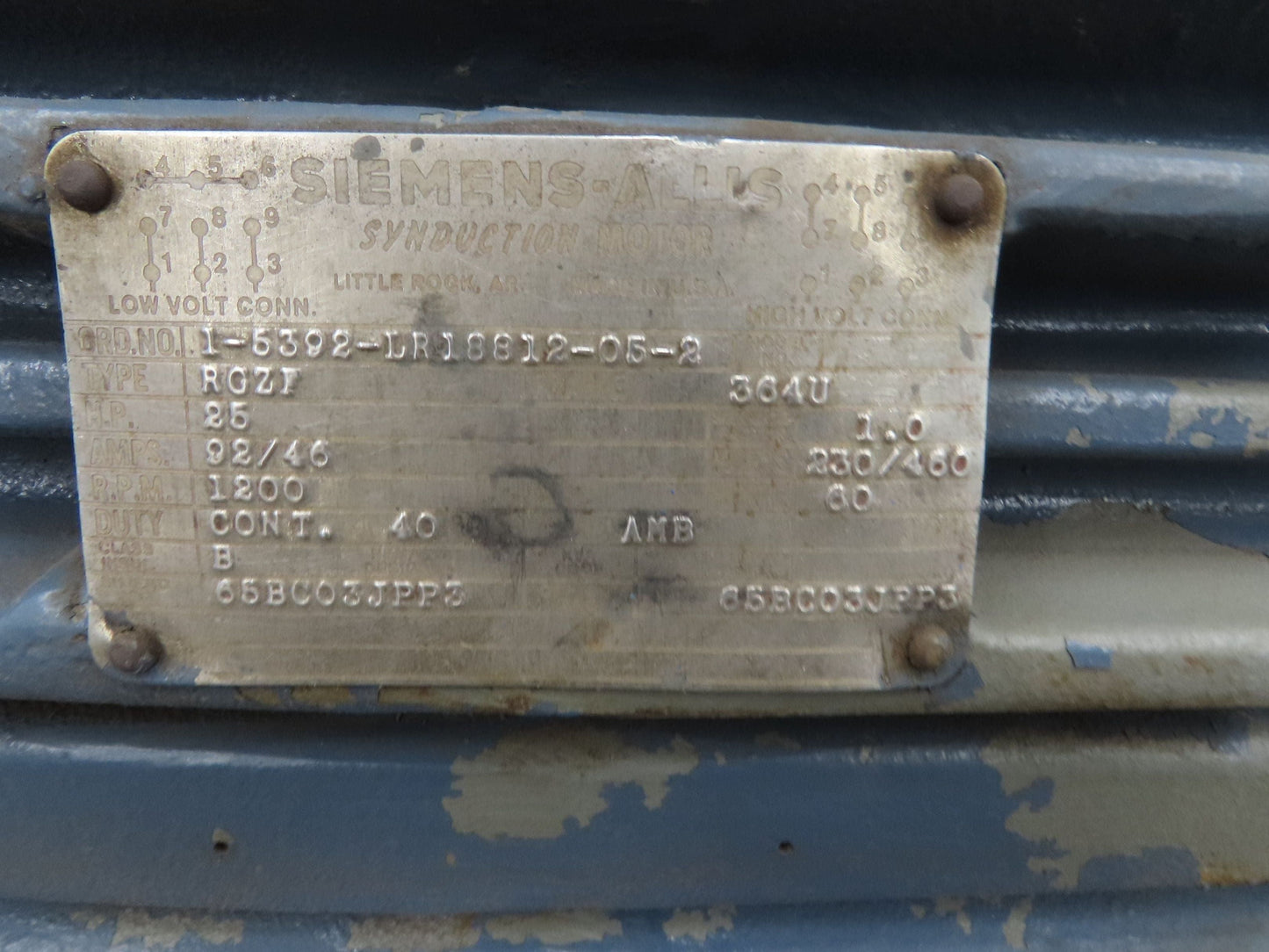 Siemens Allis RGZF AC Electric Motor 25Hp 1200rpm 230/460v 3Ph 364U TEFC