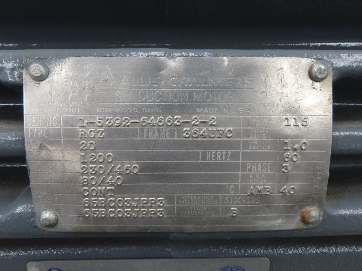 Siemens Allis RGZ AC Electric Motor 20Hp 1200rpm 230/460v 3Ph 364UFC TEFC