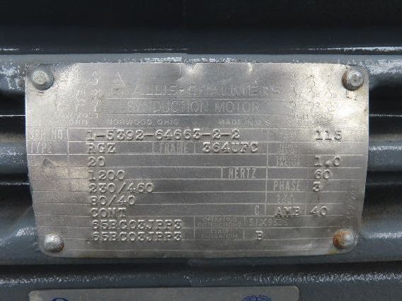 Siemens Allis RGZ AC Electric Motor 20Hp 1200rpm 230/460v 3Ph 364UFC TEFC