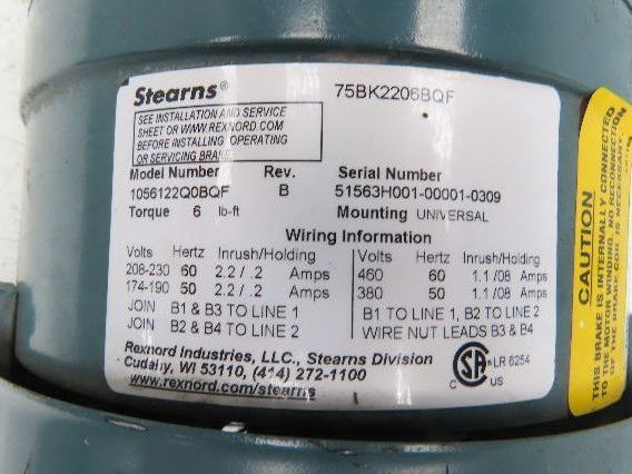 Reliance XEX Stearns Brake Motor 1.5Hp 1750 RPM 230/460V 3PH 145T 1056122Q0BQF
