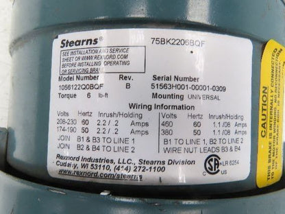 Reliance XEX Stearns Brake Motor 1.5Hp 1750 RPM 230/460V 3PH 145T 1056122Q0BQF