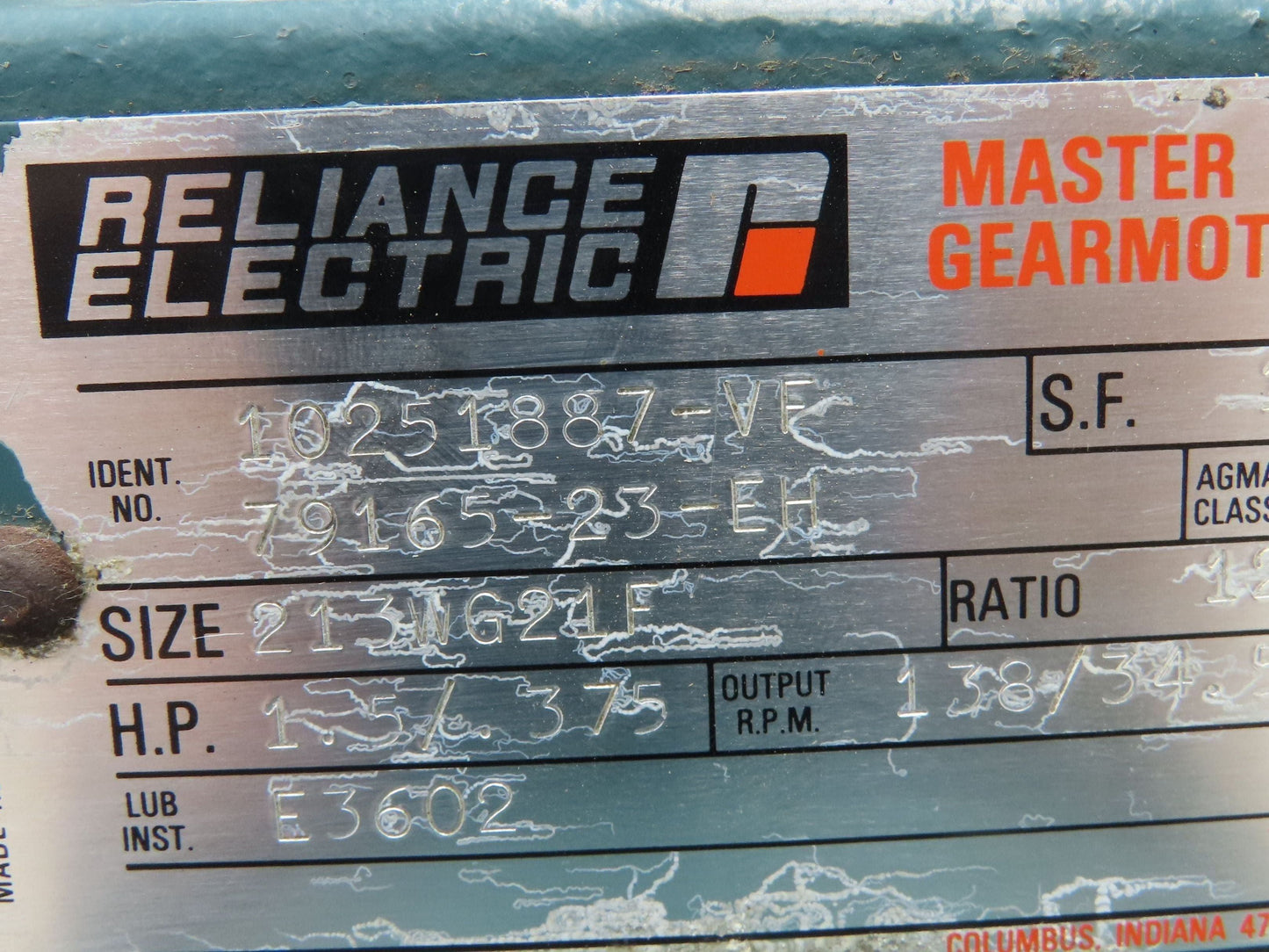 Reliance Master XL Gearmotor 12.7 Reducer 2-Speed 138/34 RPM 1.5Hp 460V RH 213T