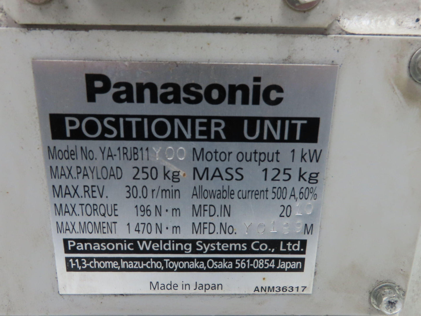 Panasonic YA-1RJB11Y00 Welder Single Axis Positioner Unit 1kw 250kg 30r/min 500A