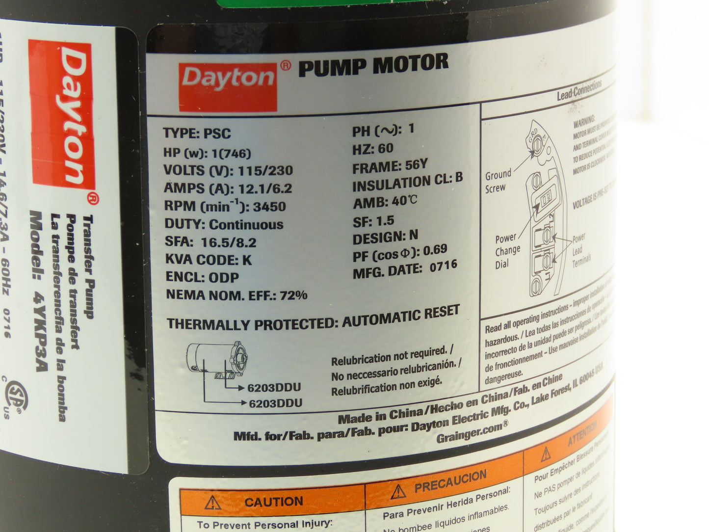 Dayton 4YKP3A Transfer Pump 1Hp 72gpm 115/230V 3450RPM