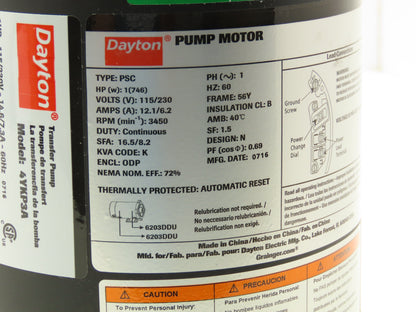 Dayton 4YKP3A Transfer Pump 1Hp 72gpm 115/230V 3450RPM