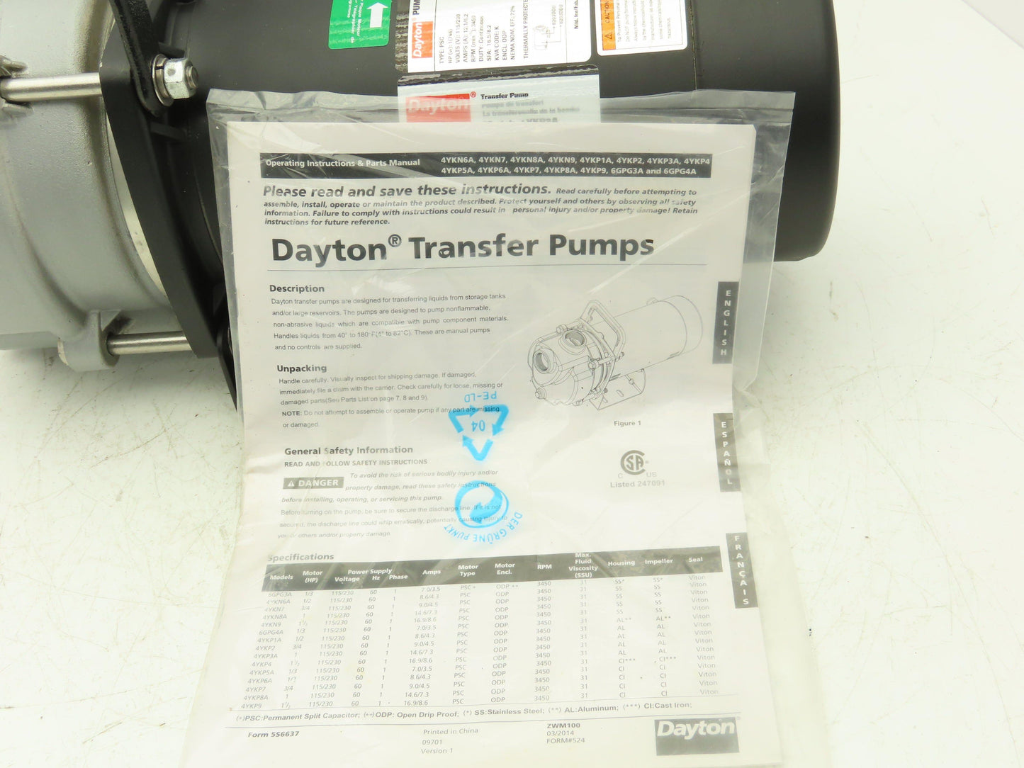 Dayton 4YKP3A Transfer Pump 1Hp 72gpm 115/230V 3450RPM